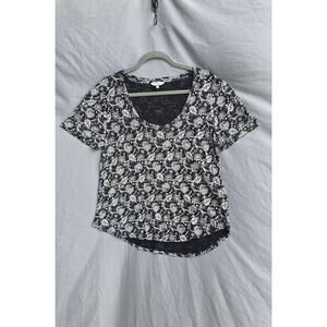 Lucky Brand Shirt Womens Large Black Floral Scoop Neck Short Sleeve Boho Top
